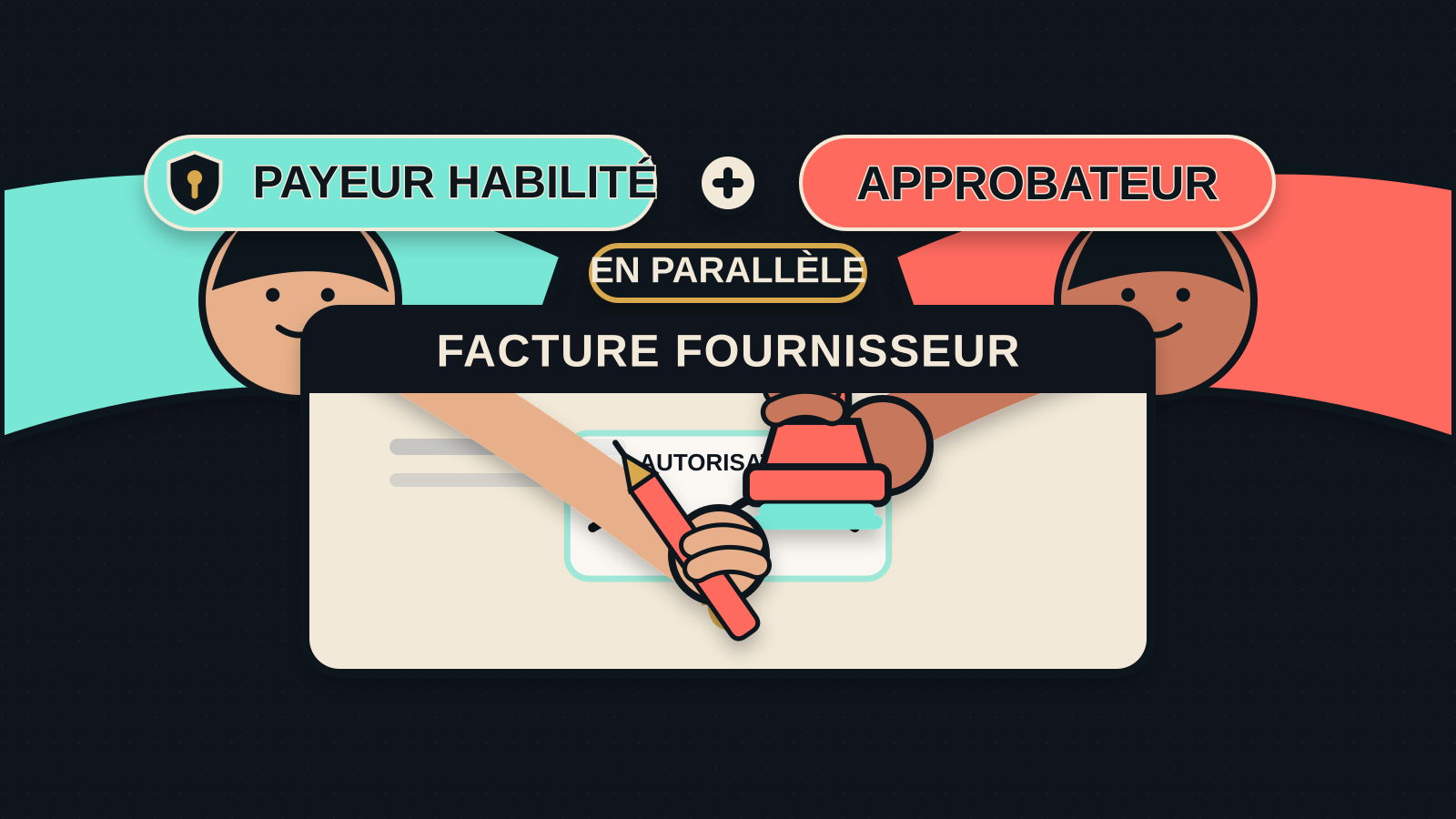 Deux personnages entourent un document « FACTURE FOURNISSEUR » avec un symbole euro : l’un tient un objet en forme de tampon, l’autre un crayon près d’un tracé noir ondulé.